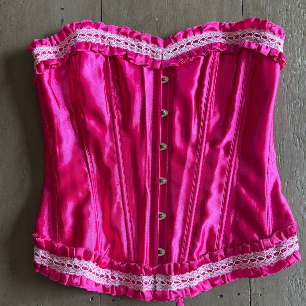 Barbiecore Boudoir Coquette Hot Pink Satin Lace-Up Corset Bodice S/M